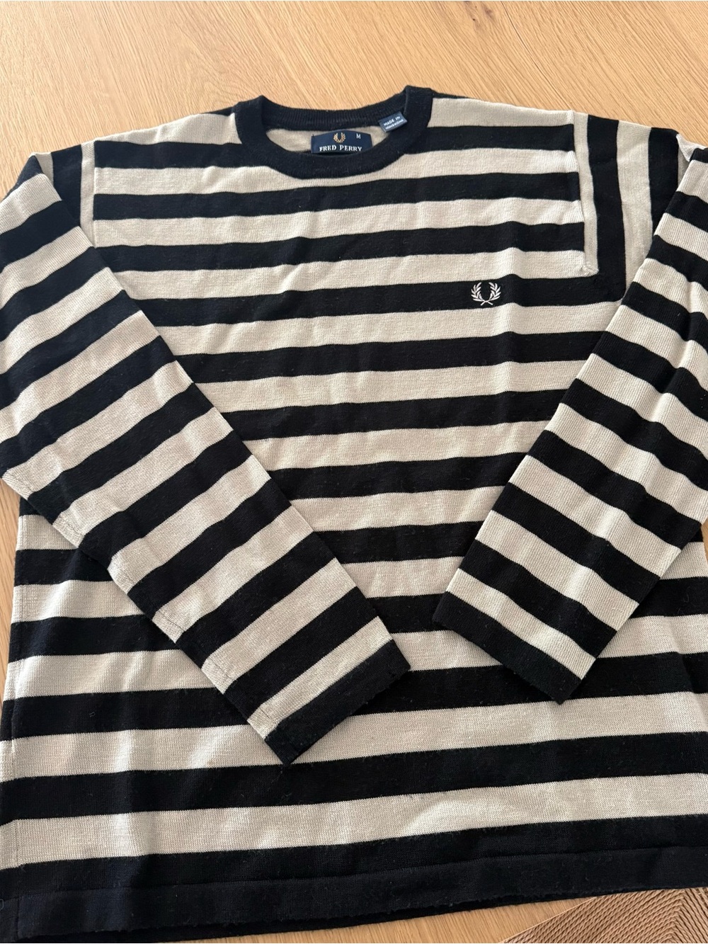 Fred Perry Black & Cream Striped Long-Sleeve Sweater 100% wool